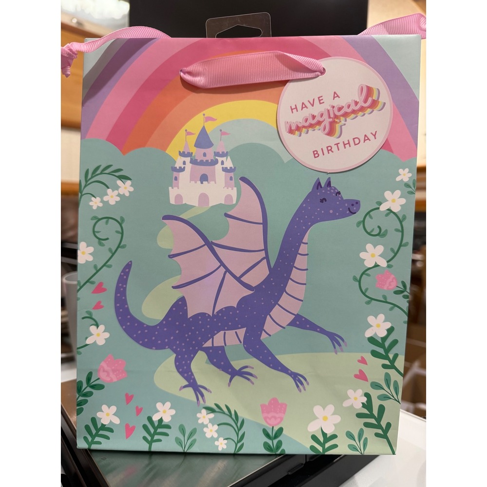 12pk Spritz Magical Birthday Dragon Gift Bag Rainbow Castle Purple Pink Medium